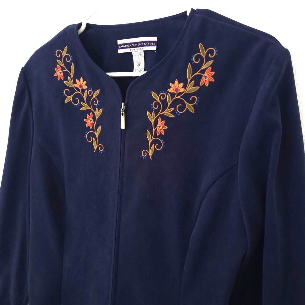 Amanda Smith Vintage Blazer Jacket Womens 12P Floral Embroidered Blue Blazer 90s - Picture 7 of 11